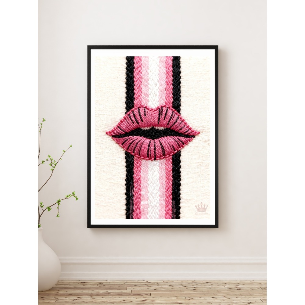 Royal Ink Smith Pink Lips Embroidered Print Canvas Wall Art 12x16 Modern Pop Art